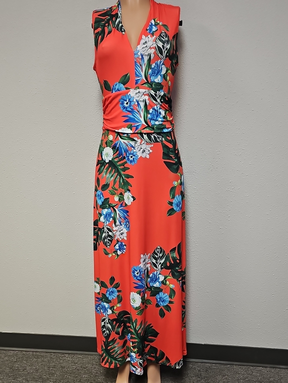 Vince Camuto Coral Floral Maxi Dress with Blue Accents